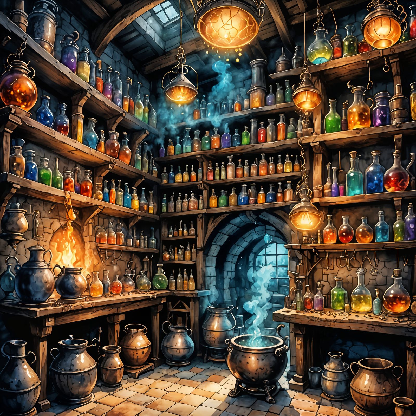 Medieval Alchemist's Laboratory in Vibrant Watercolor