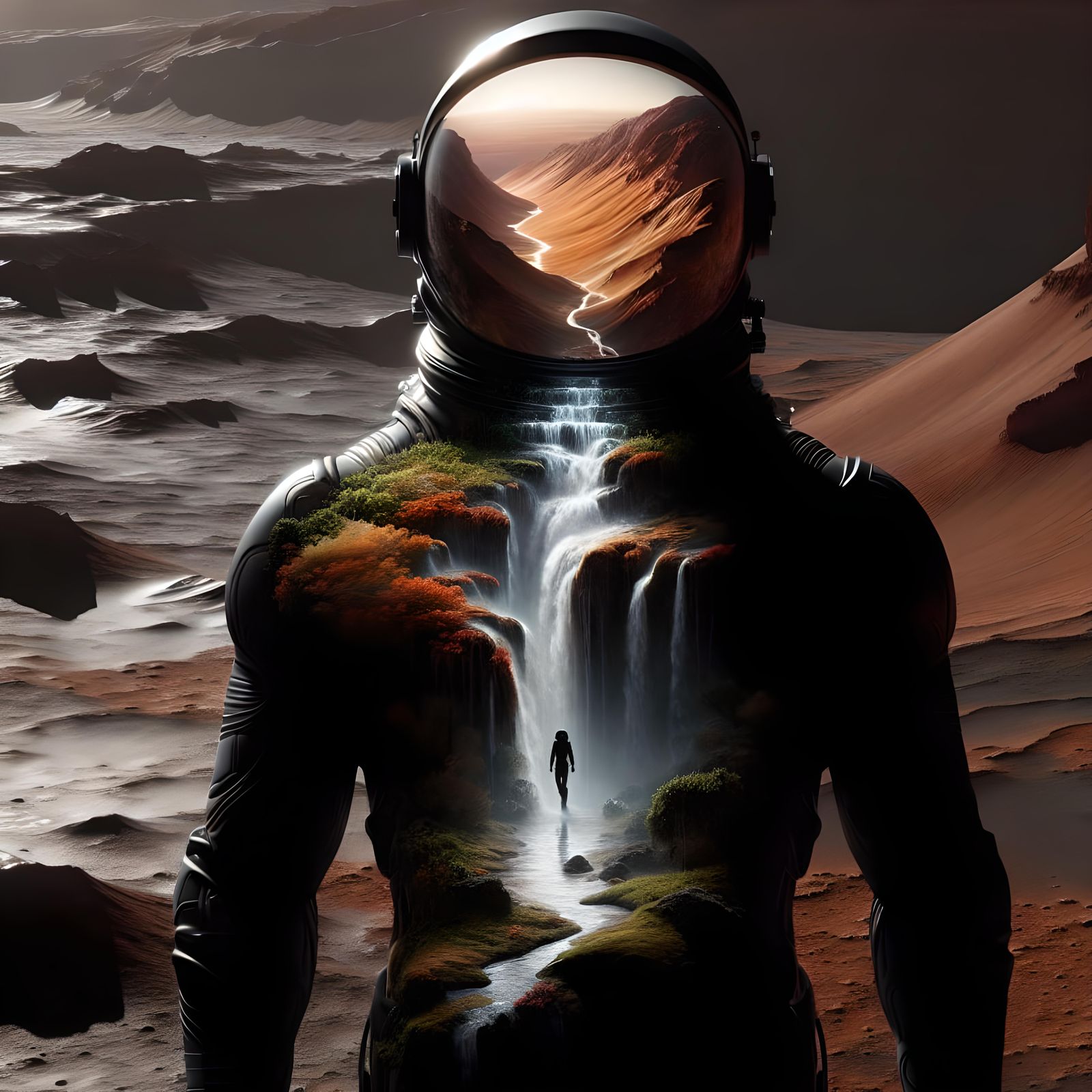 Astronaut on Mars with Waterfall Helmet Landscape