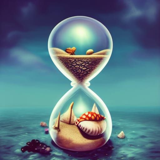 Beach Inside Hourglass: Hyperrealistic Digital Seascape
