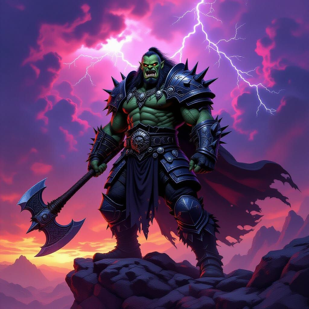 Orc Warchief on Rocky Crag in Hyperrealistic Style