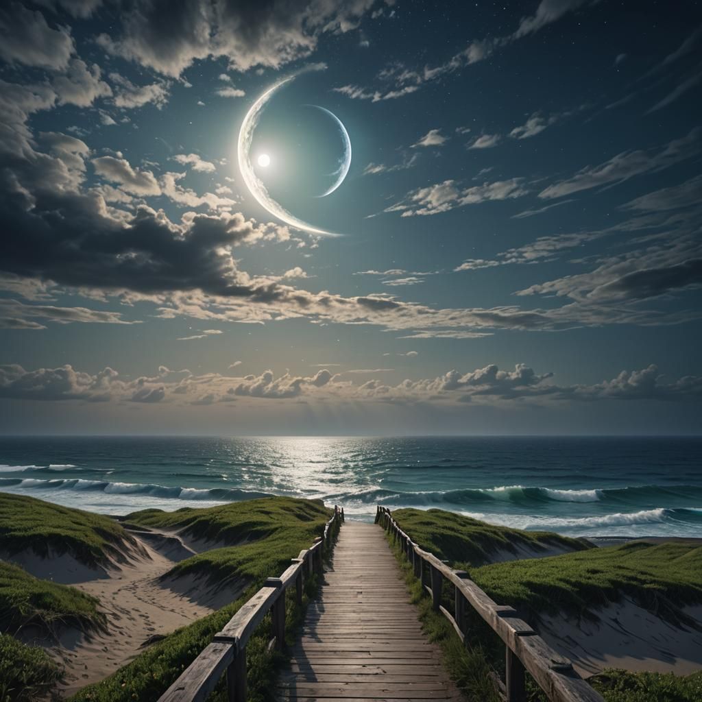 Captivating Moon Eye Over Sea Path, Photorealistic