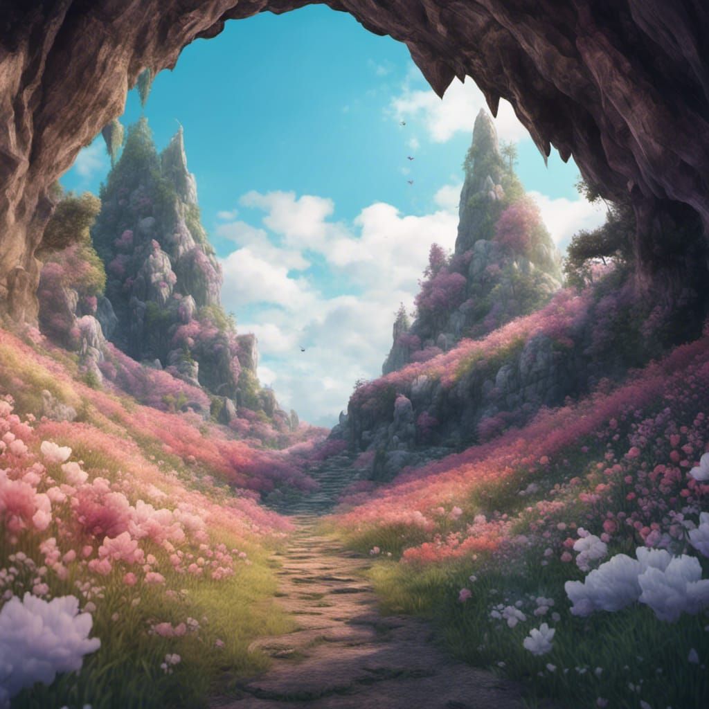 Creepy Cave Entrance with Contrasting Landscapes in Kawaii S...
