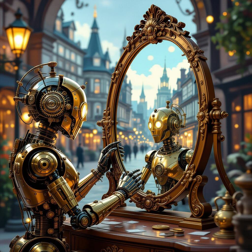 Steampunk Automaton Polishes Mirror Reflecting Victorian Cit...