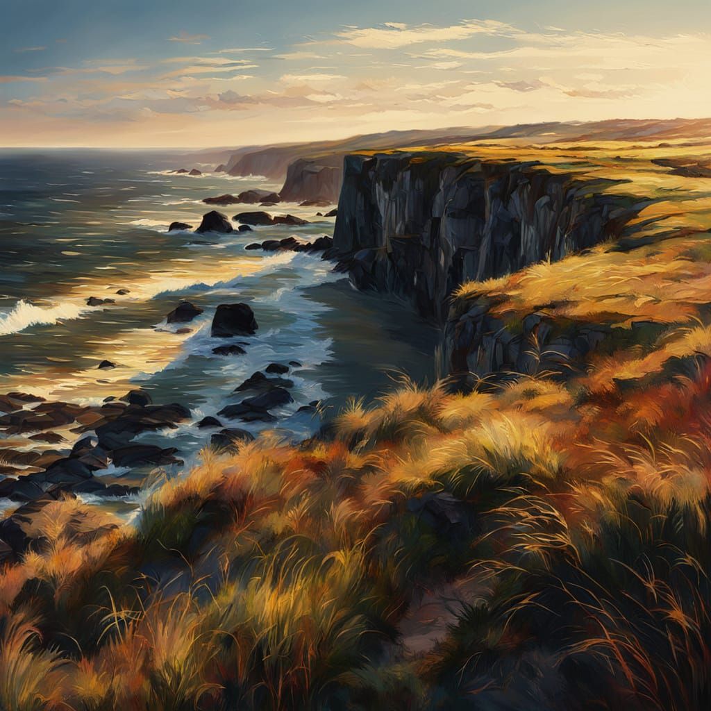 Dramatic Cliffside Oil Painting at Golden Hour