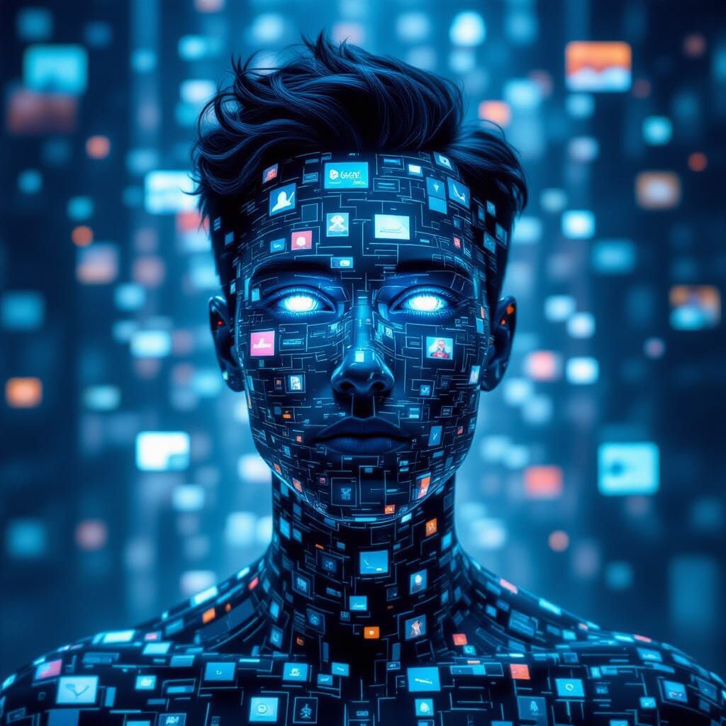 Human Form Composed of Digital Screens and Thumbnails