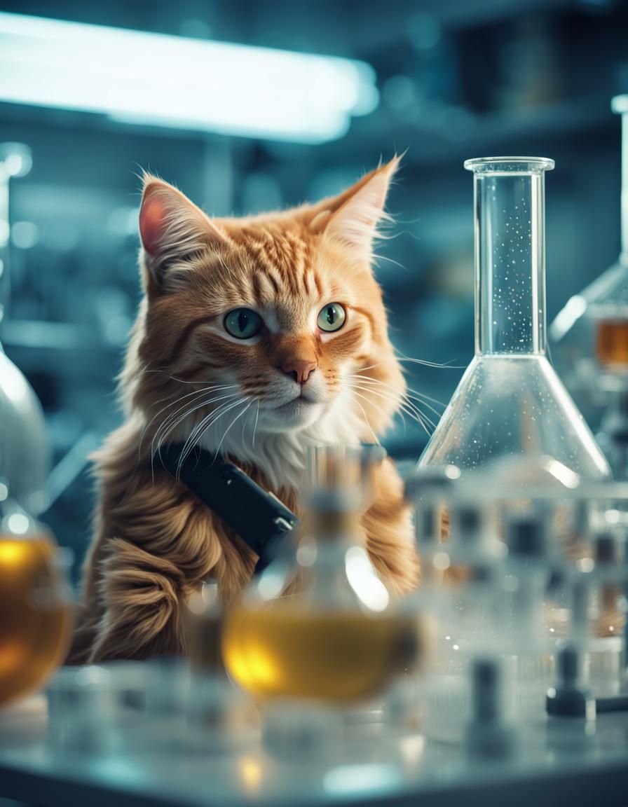 Hyperrealistic Cat Scientist in Laboratory, Cinematic Photo