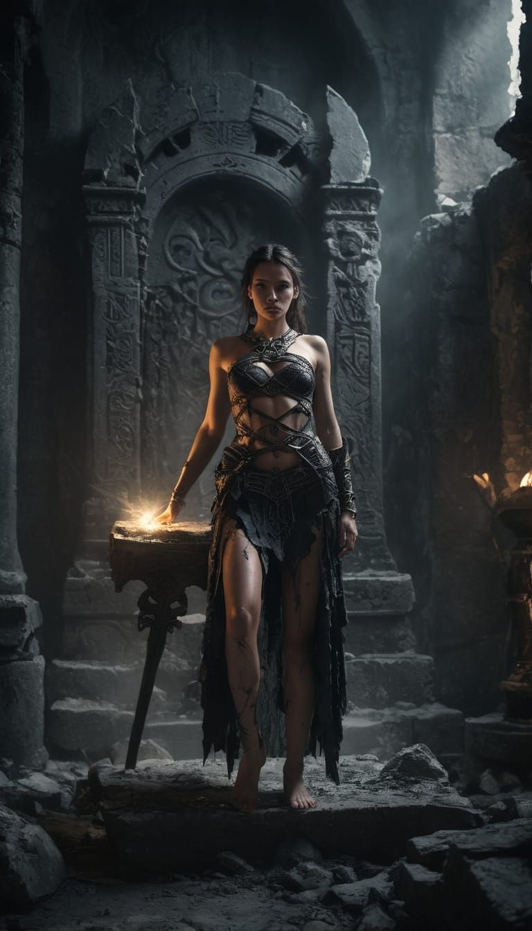 Dark Fantasy Warrior Woman with Glowing Artifact in Ruin
