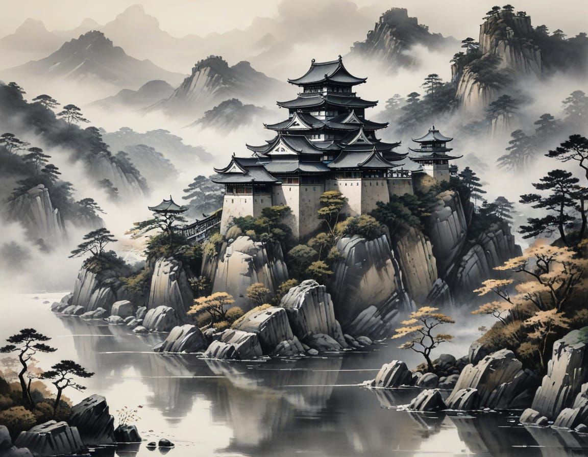 Majestic Muromachi Castle in Soft Grayscale