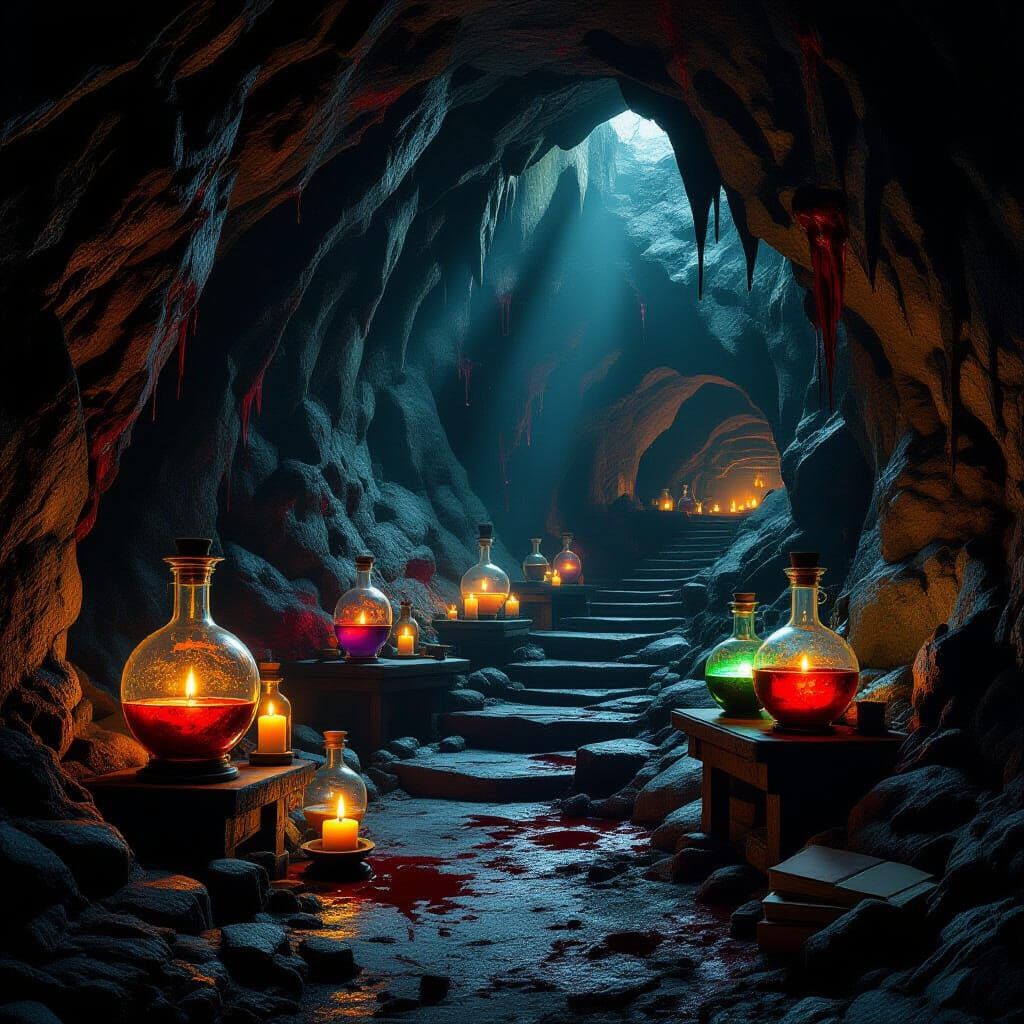 Epic Dark Cave Alchemy Lab with Glowing Potions