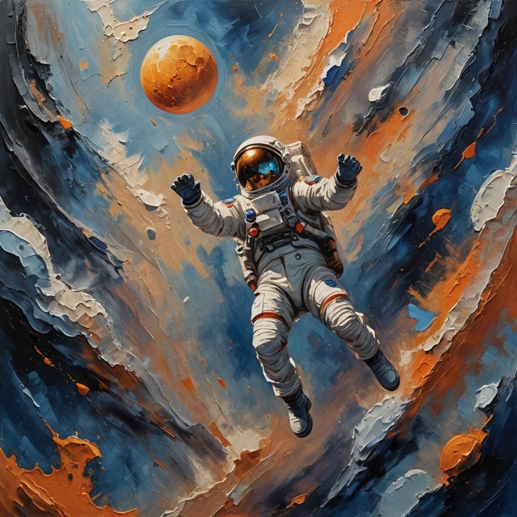 Astronaut Skydiving to Moon: Impressionist Oil Painting