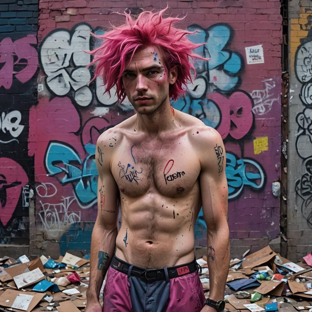 Dystopian Pink-Haired Man in Urban Landscape