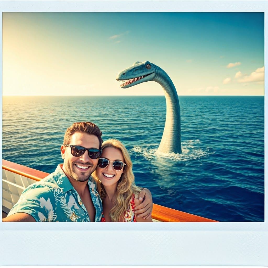 Couple's Cruise Selfie with Plesiosaur, Polaroid Style