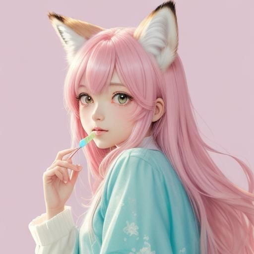 Kawaii Anime Girl with Fox Ears and Candy