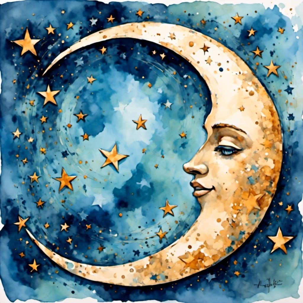 Watercolor Moon and Stars with Steampunk Flair
