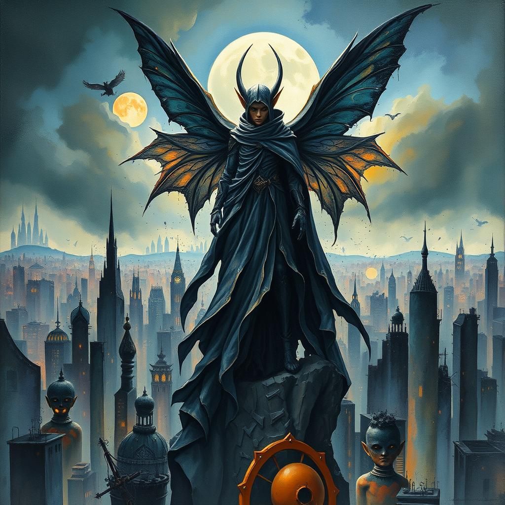 Fairy Elf Superhero with Dark Wings in Heavy Metal Style