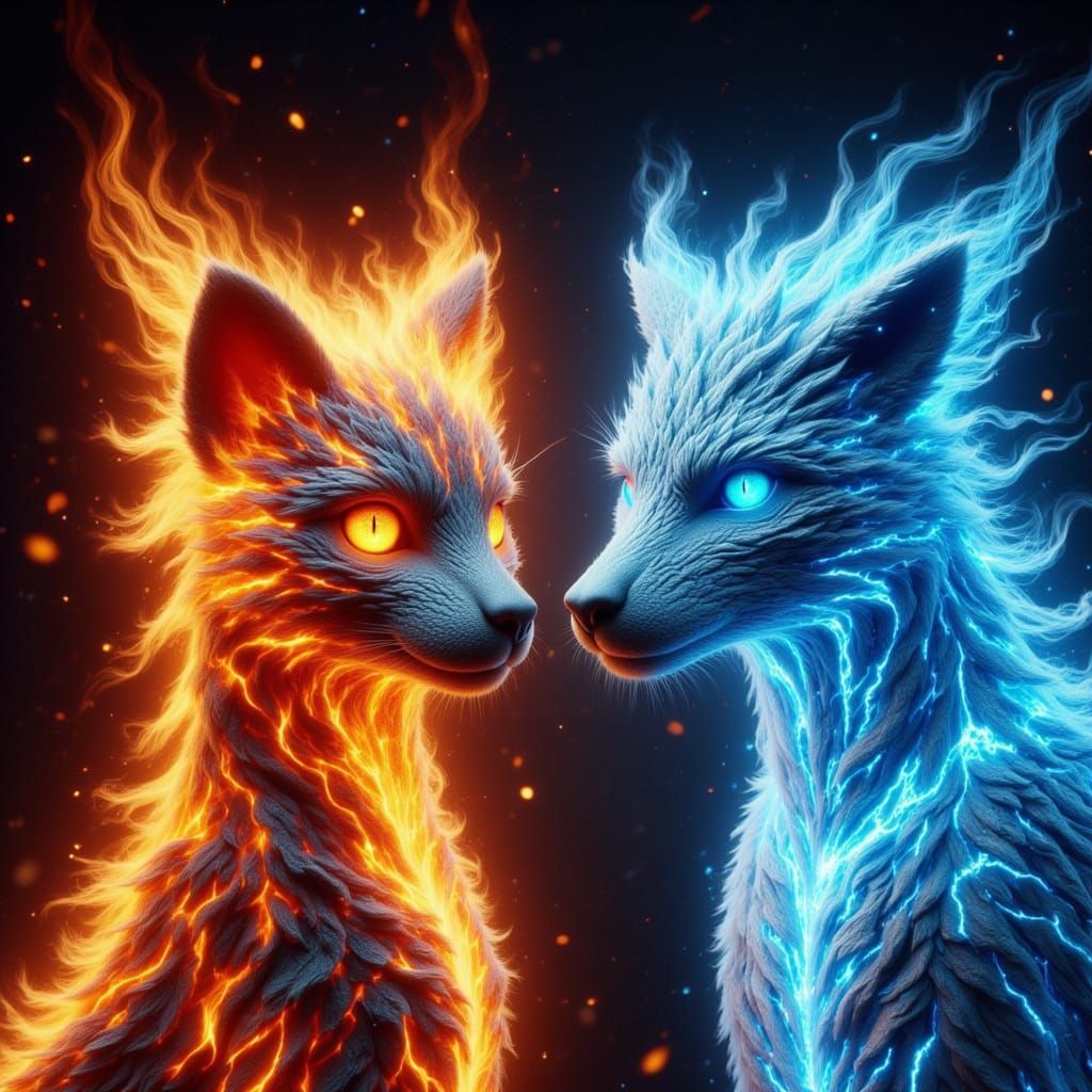 Fire Cat Greets Ice Dog in Contrasting Styles