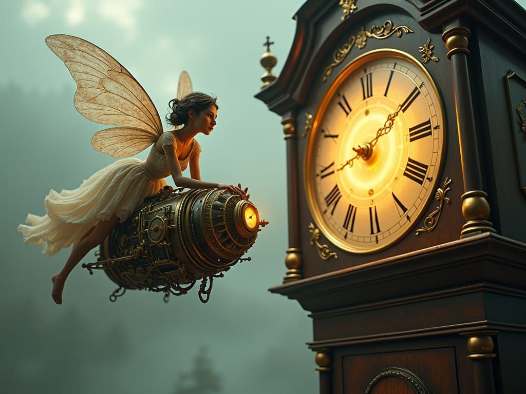Steampunk Sprite Soaring Through Clock Portal