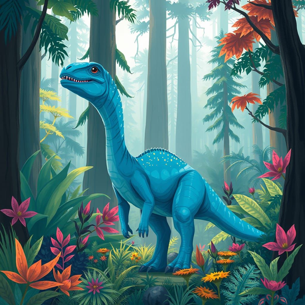 Blue Dinosaur in Prehistoric Forest Illustration