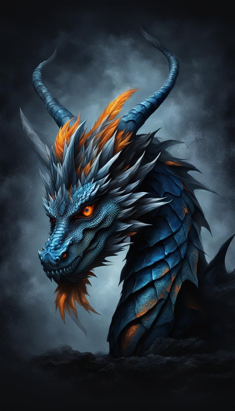 Steel Blue Dragon with Orange Plumes in Splash Art