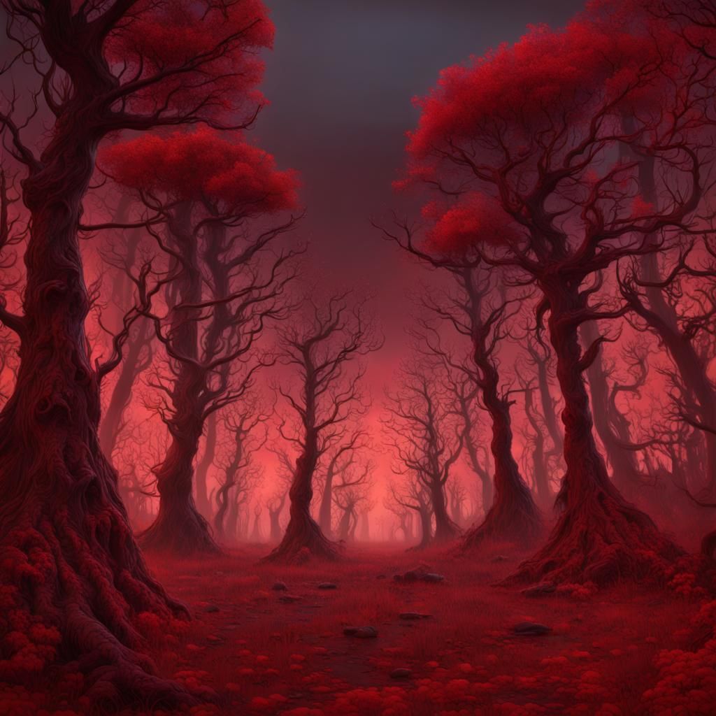 Eerie Red Forest with Eyes, Surreal Matte Painting