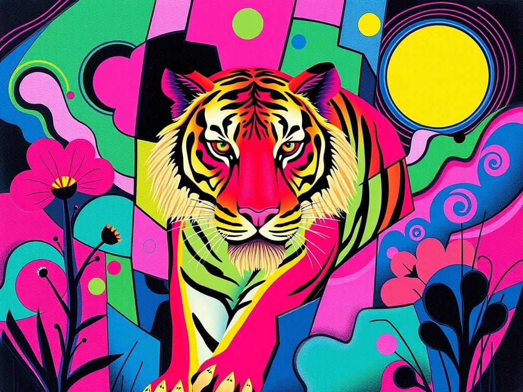 Surreal Tiger in a Vibrant, Cubist Landscape