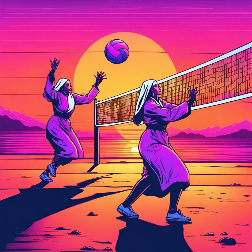 Nuns Play Volleyball in Synthwave Sunset