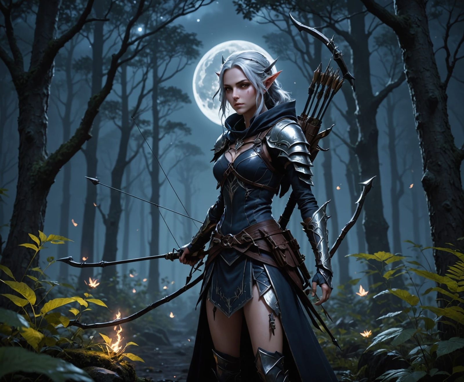 Dark Elf archer in a moonlite forest
