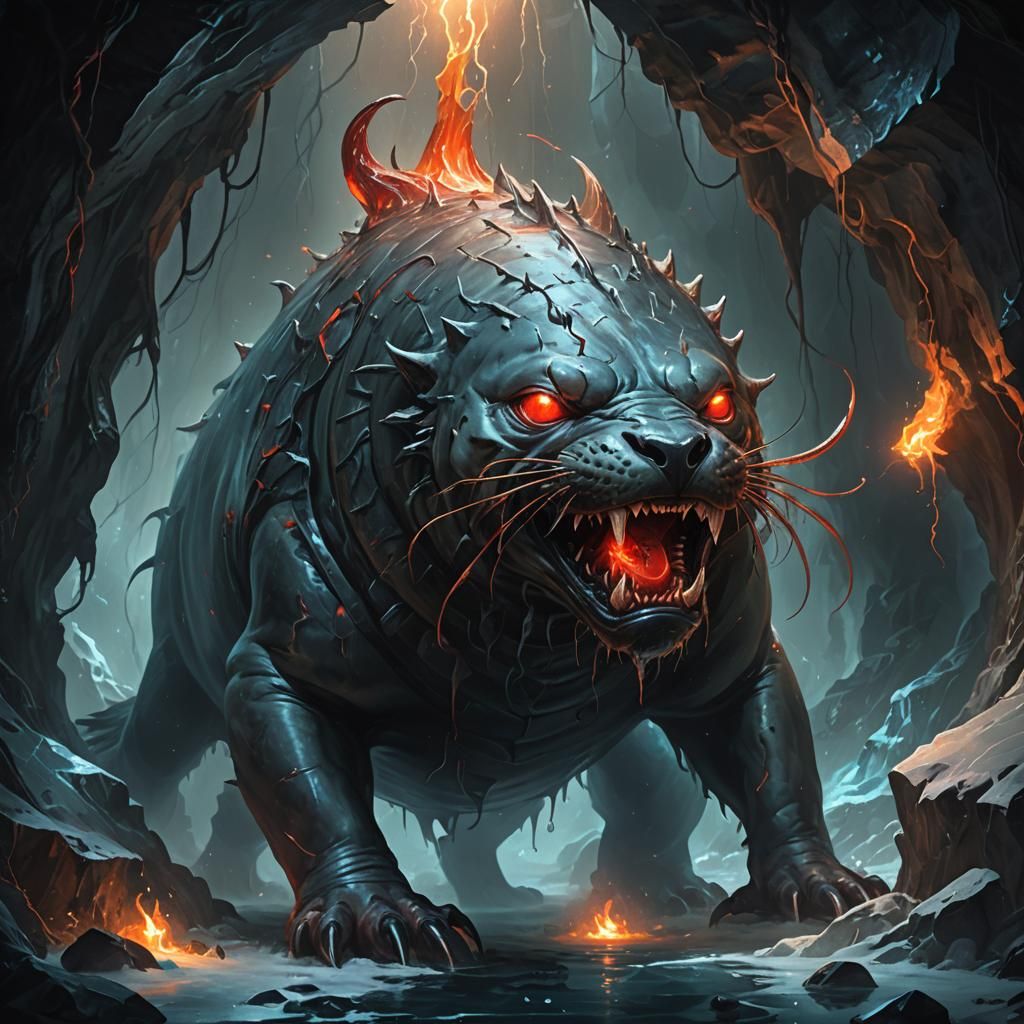 Grotesque Dark Fantasy Seal in Mystical Cave