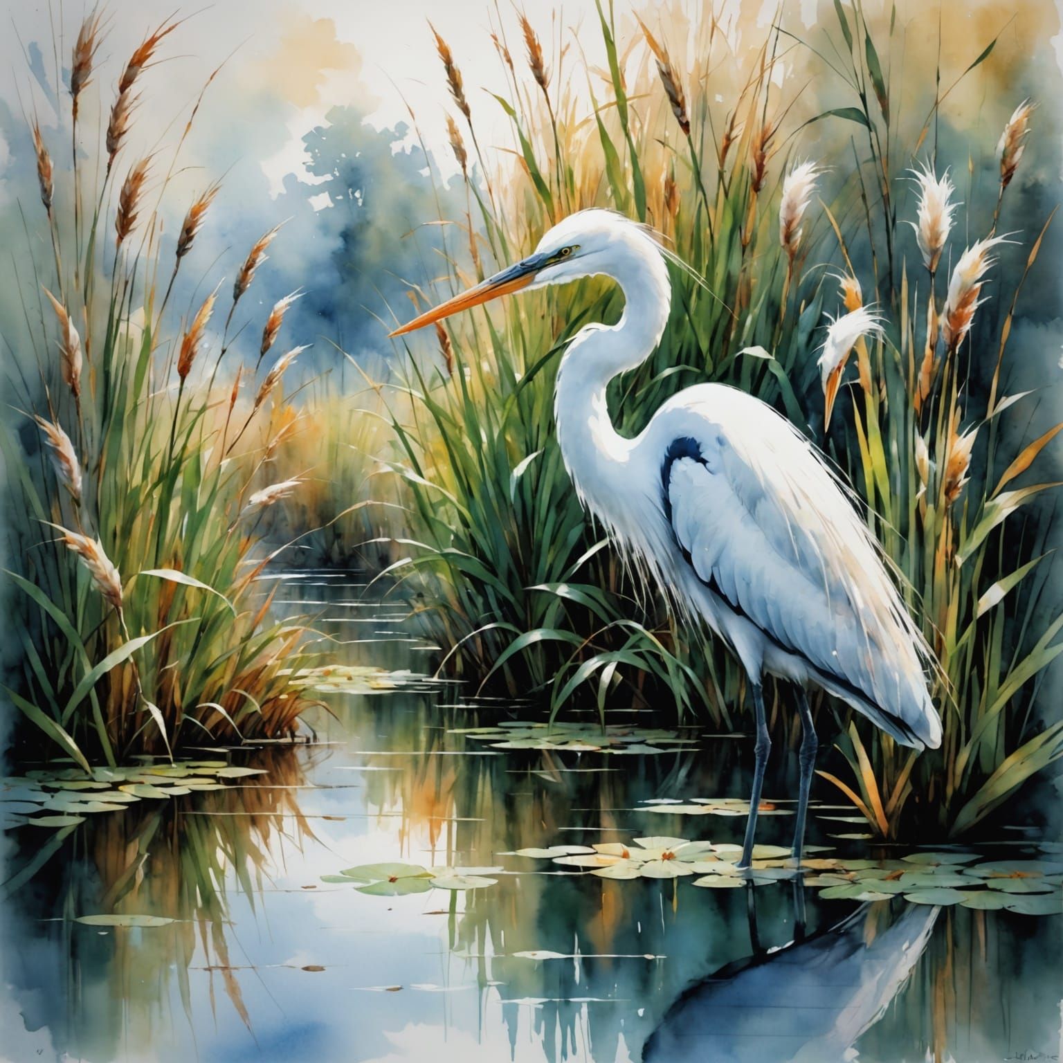 Delicate Egret in Bulrushes Watercolor Painting