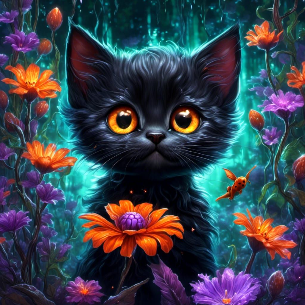 Kitten and Magical Flower in Hyperreal Style