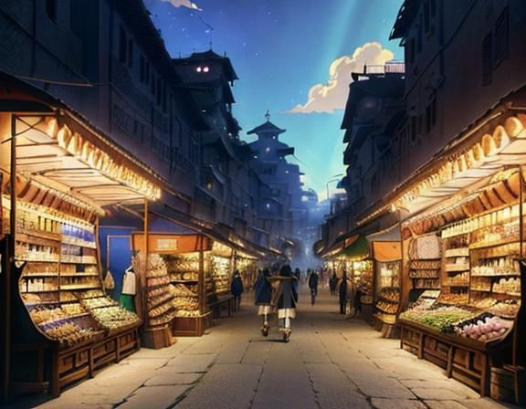 Minotaur Merchant in Roman Bazaar, Studio Ghibli Style