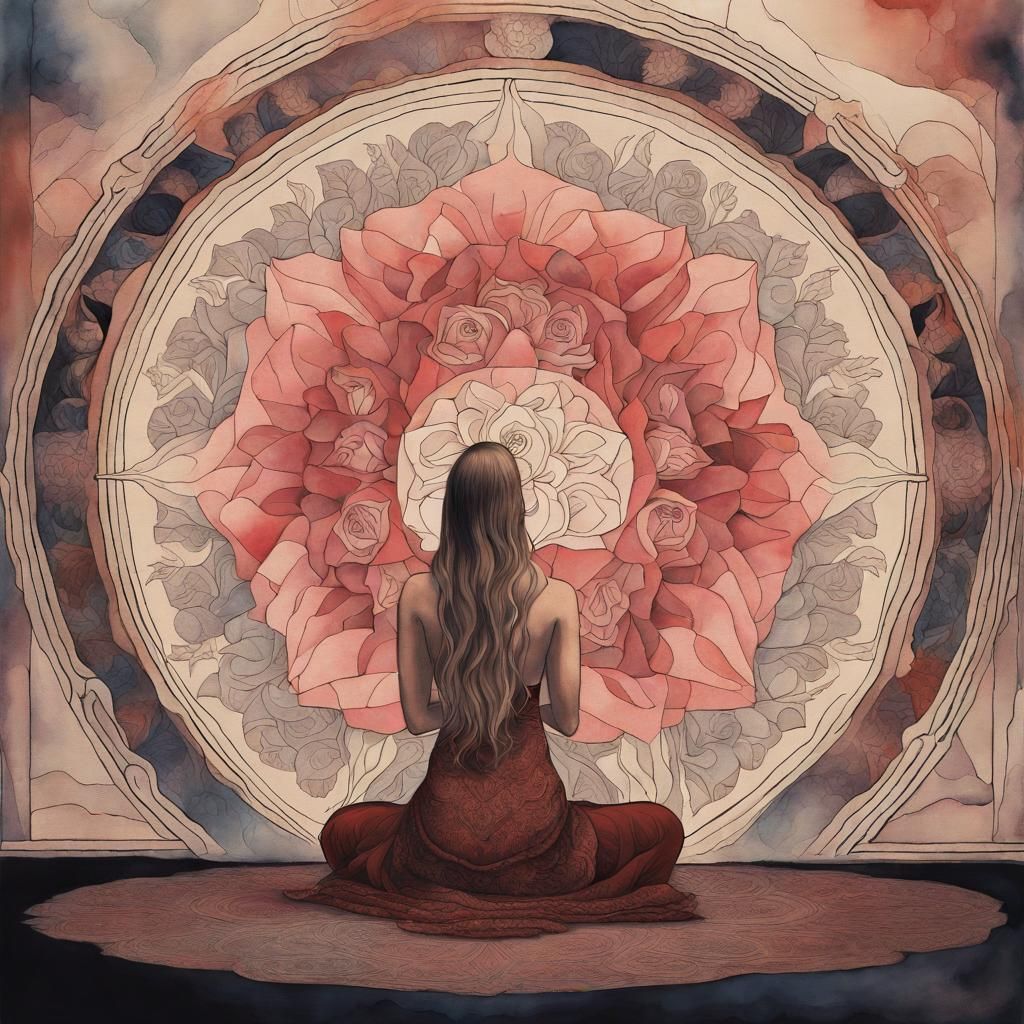 Mysterious Priestess with Mandala: Surreal Watercolor Art