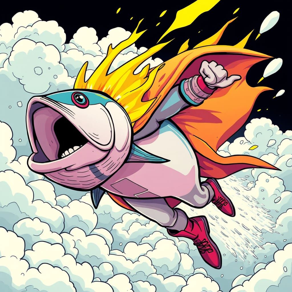 Tuna Blast Superhero Flies Through Oceanic Clouds