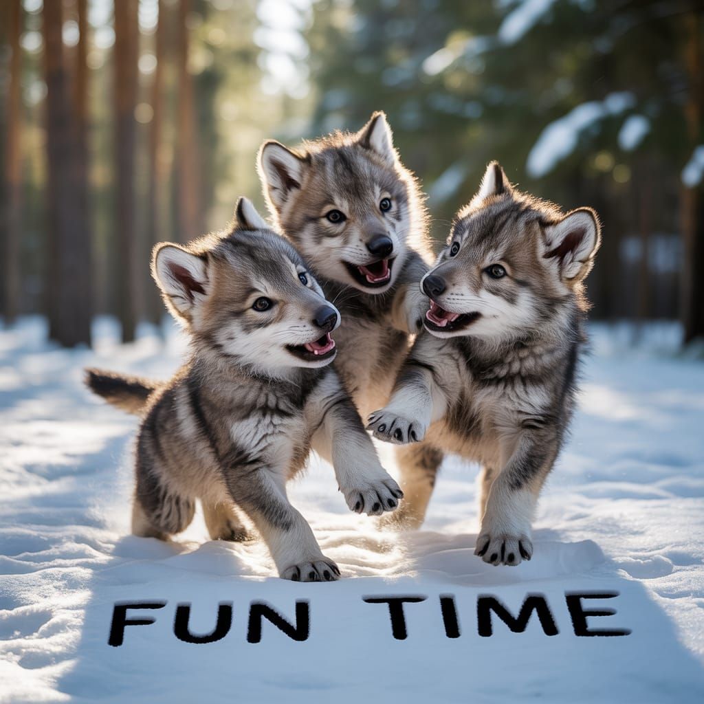 Playful Wolf Cubs in Snowy Forest Clearing