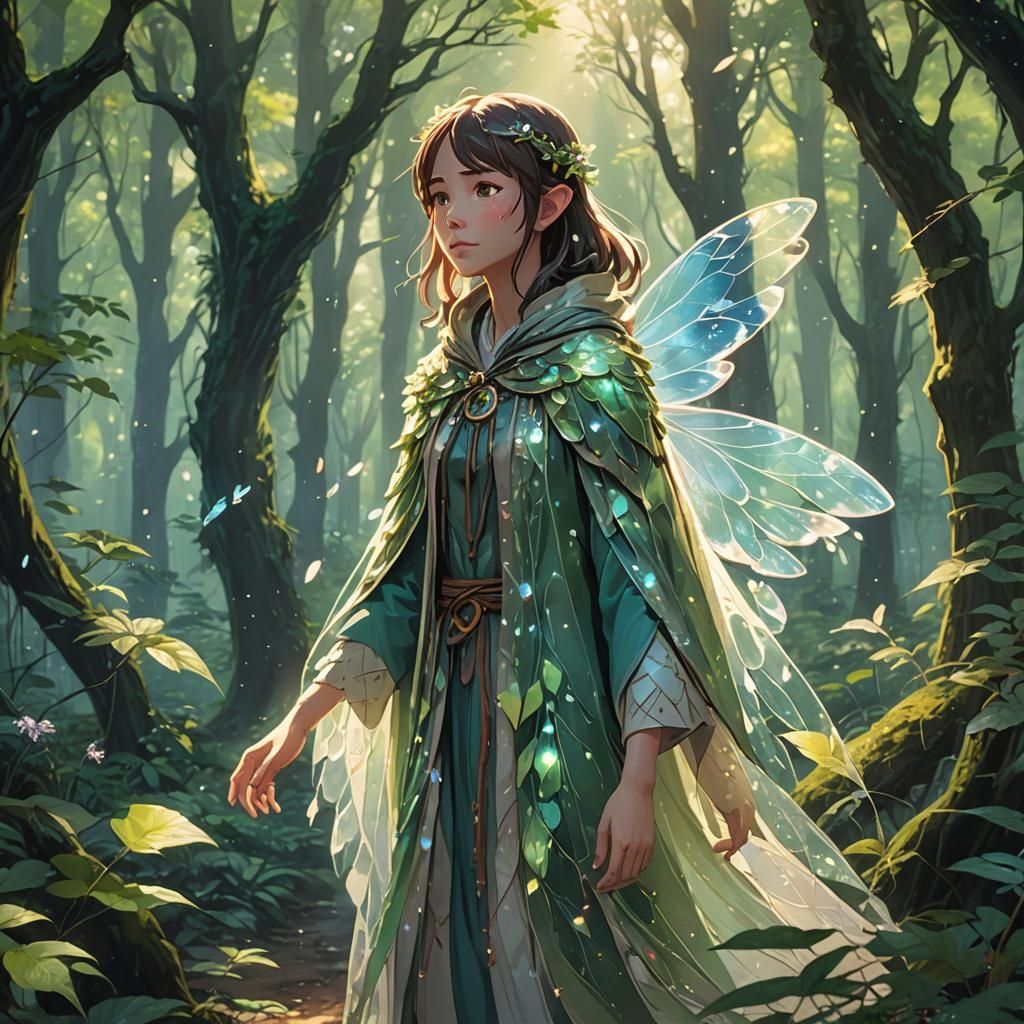 Anime Druid and Fairy in Mystical Woods