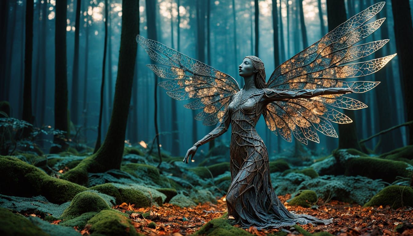 Surreal Goddess Emerges from Dark Forest Floor in Iridescent...