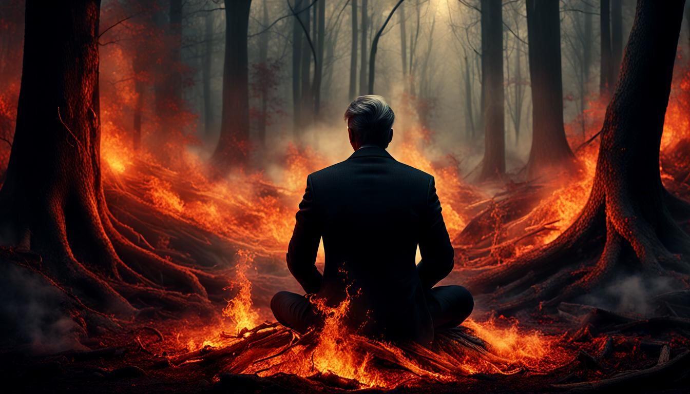 Ethereal Dark Fantasy: A Man Amidst Glowing Embers