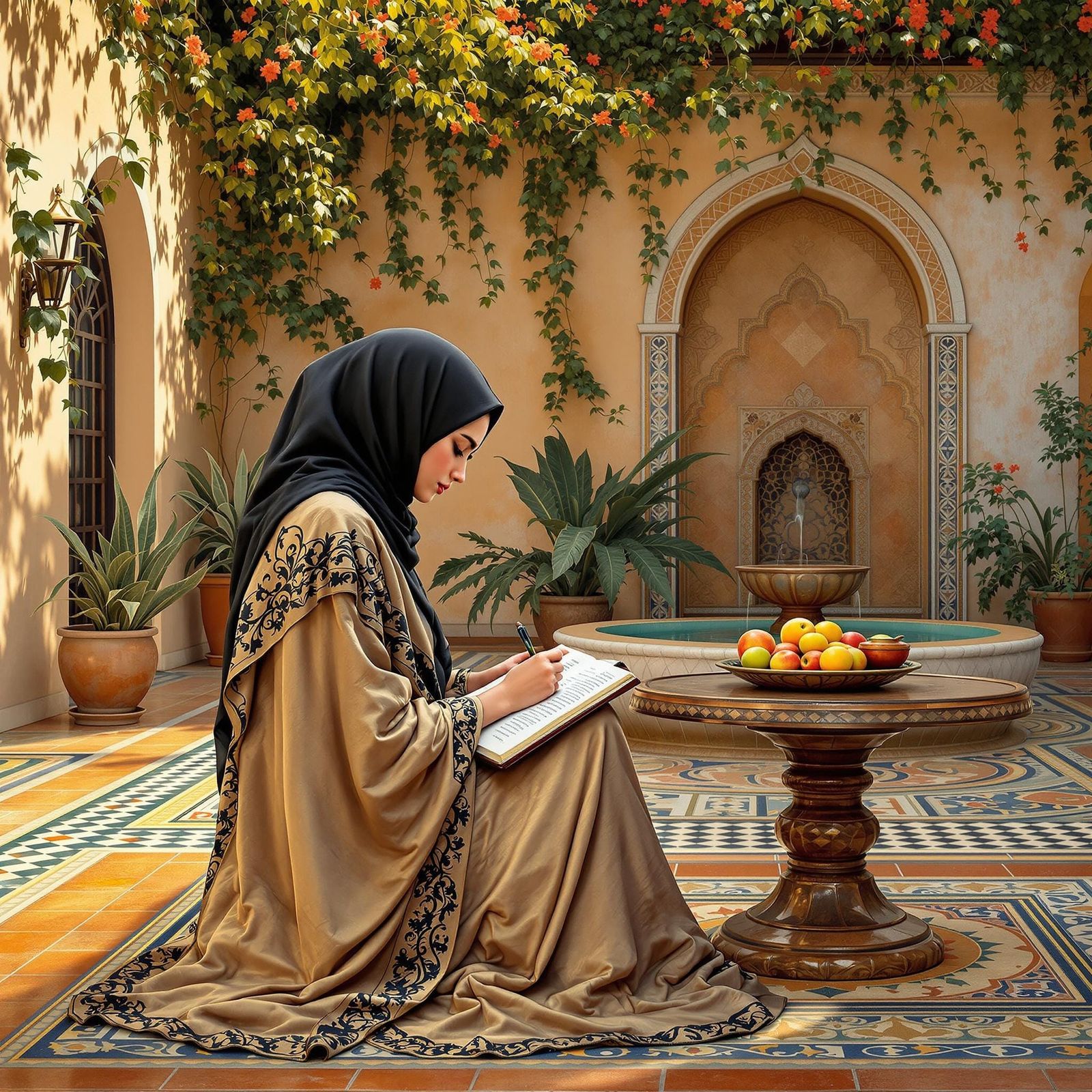 Contemplative Woman Writing in an Art Nouveau Courtyard