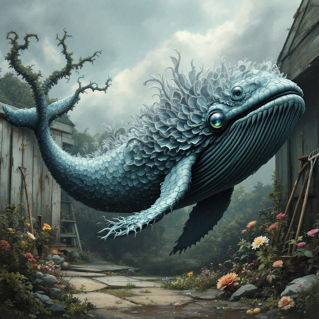 Surreal Mystic Whale with Floral Elements in Dreamlike Garde...