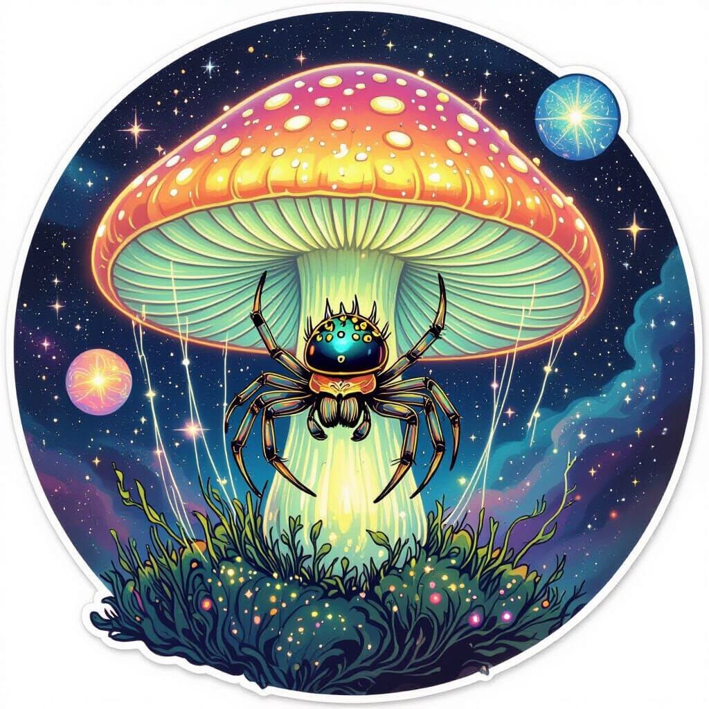 Spiderling on Floating Mushroom in Nebula Sticker Art