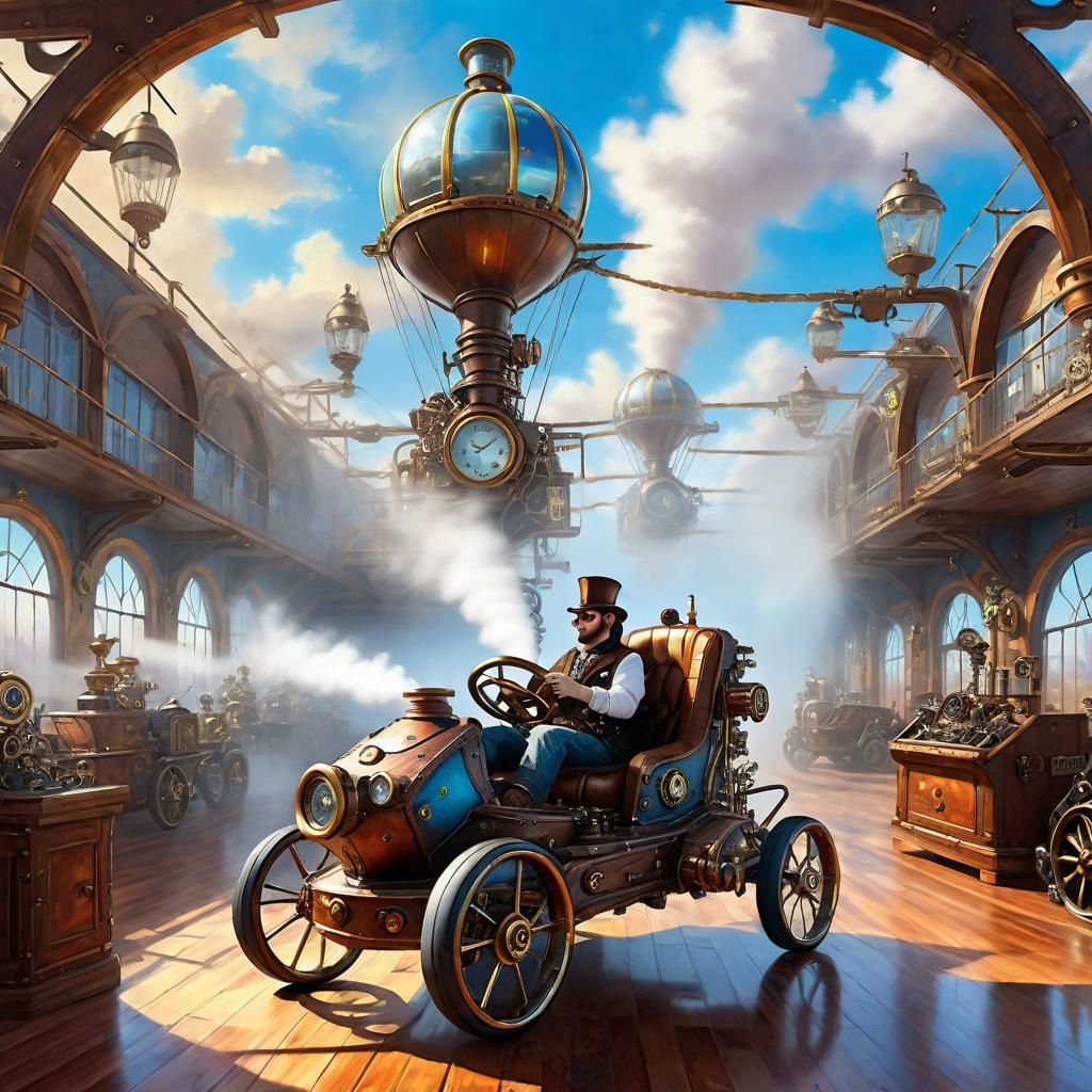 Steampunk Kart on Indoor Circuit in Steampunk World