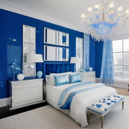 Teardrop penthouse with shimmery sapphire blue walls with shimmery cobalt blue accents& shimmery glossy pearlescent whit...