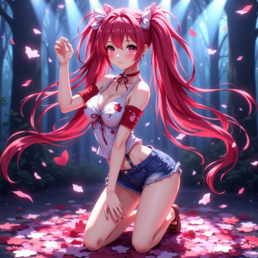 Anime Idol Dancer with Red Ponytails in Spotlight