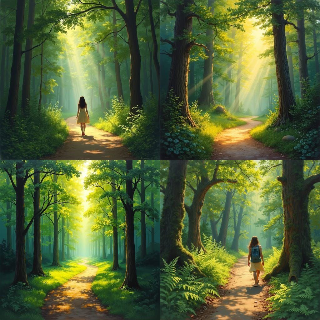 Whimsical Forest Pathway in Warm Green Light
