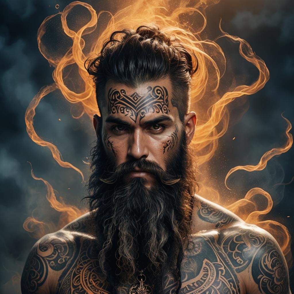 Dramatic Dark Fantasy Portrait with Tattoos and Beard