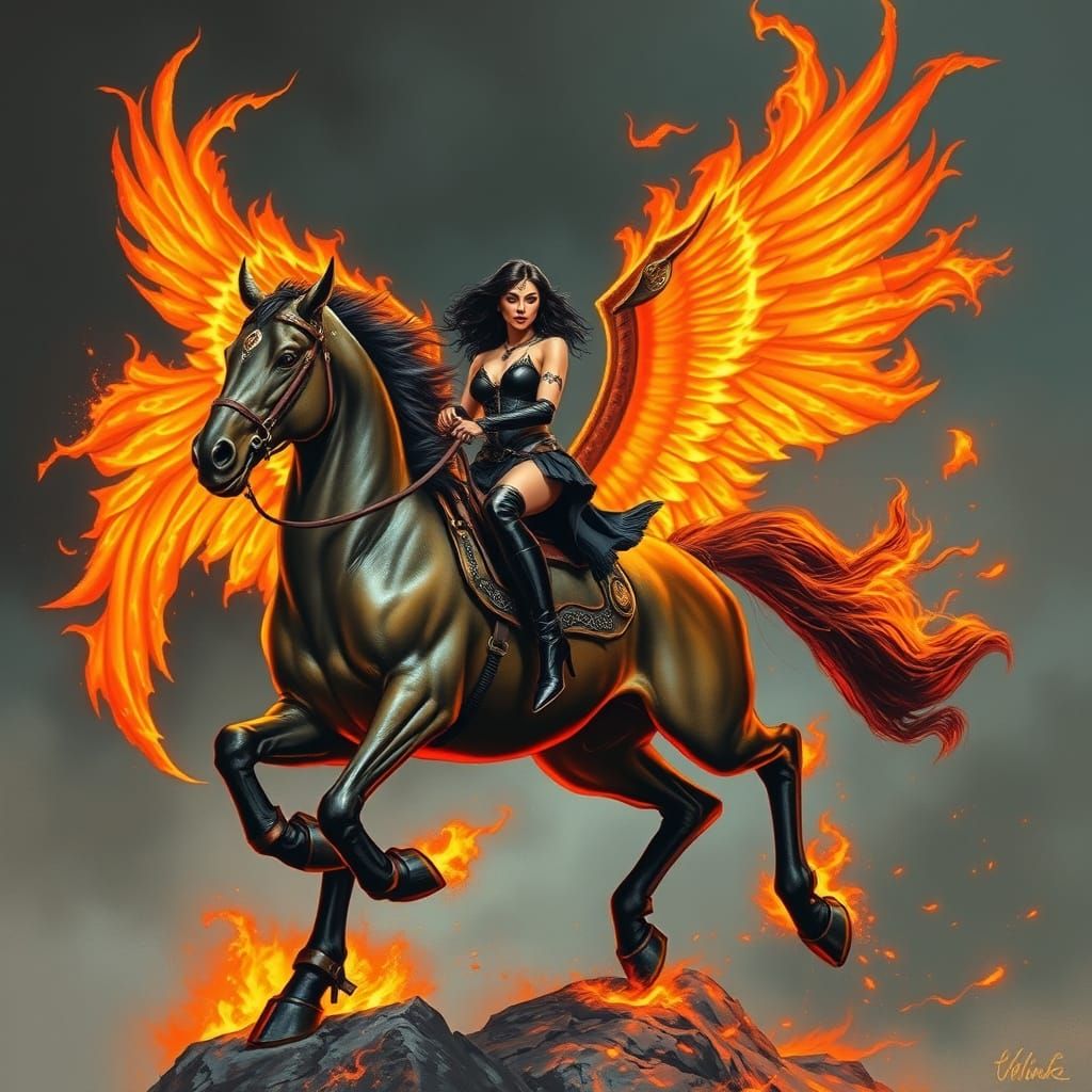 Warrior Goddess on Winged Horse Amidst Flames