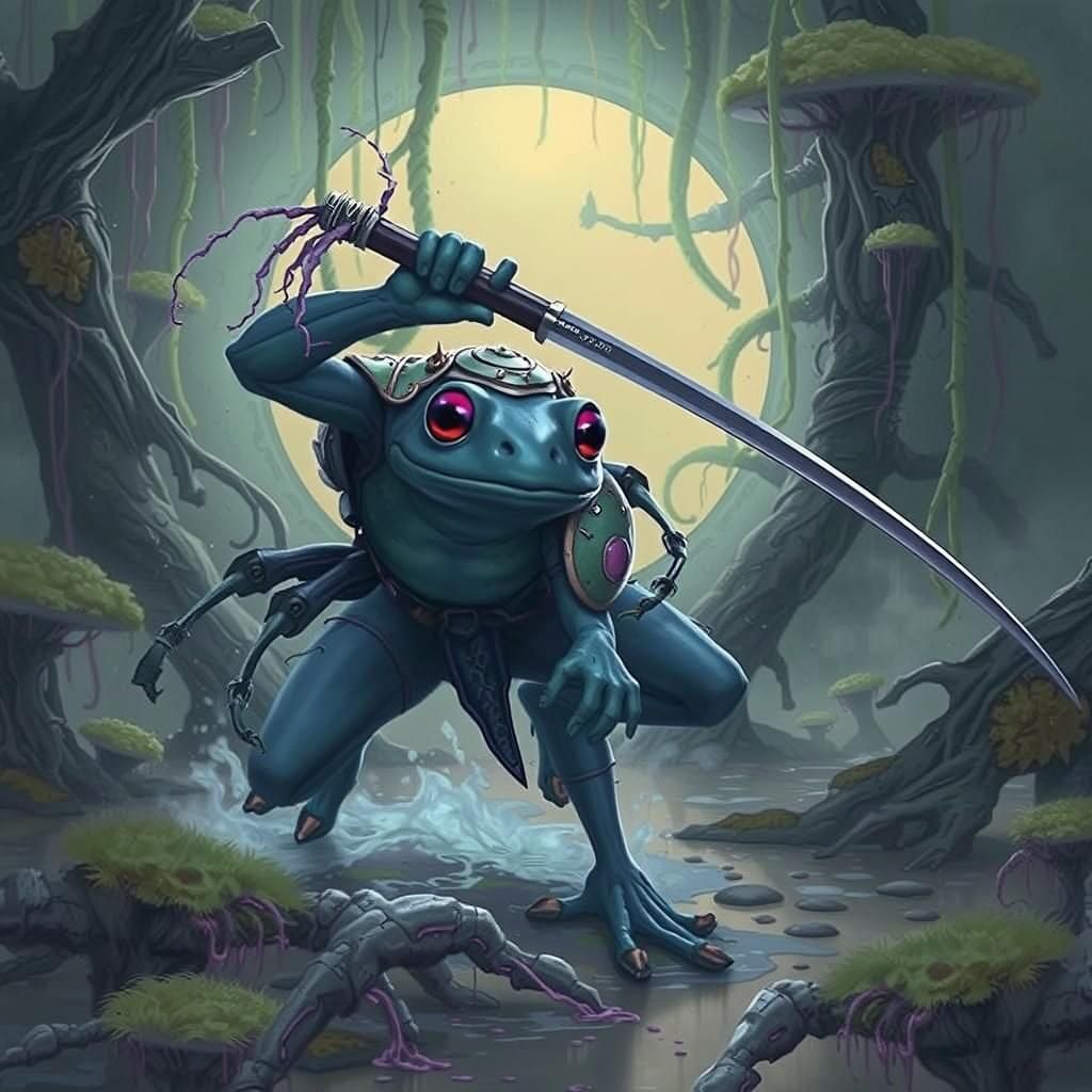 Samurai Frog in Bioluminescent Jungle, Biomech Style