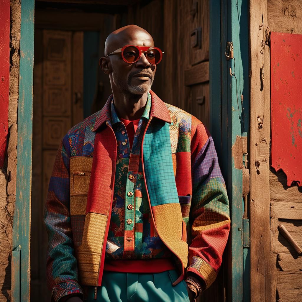 Black Man in Patchwork Jacket, Cinematic Portrait