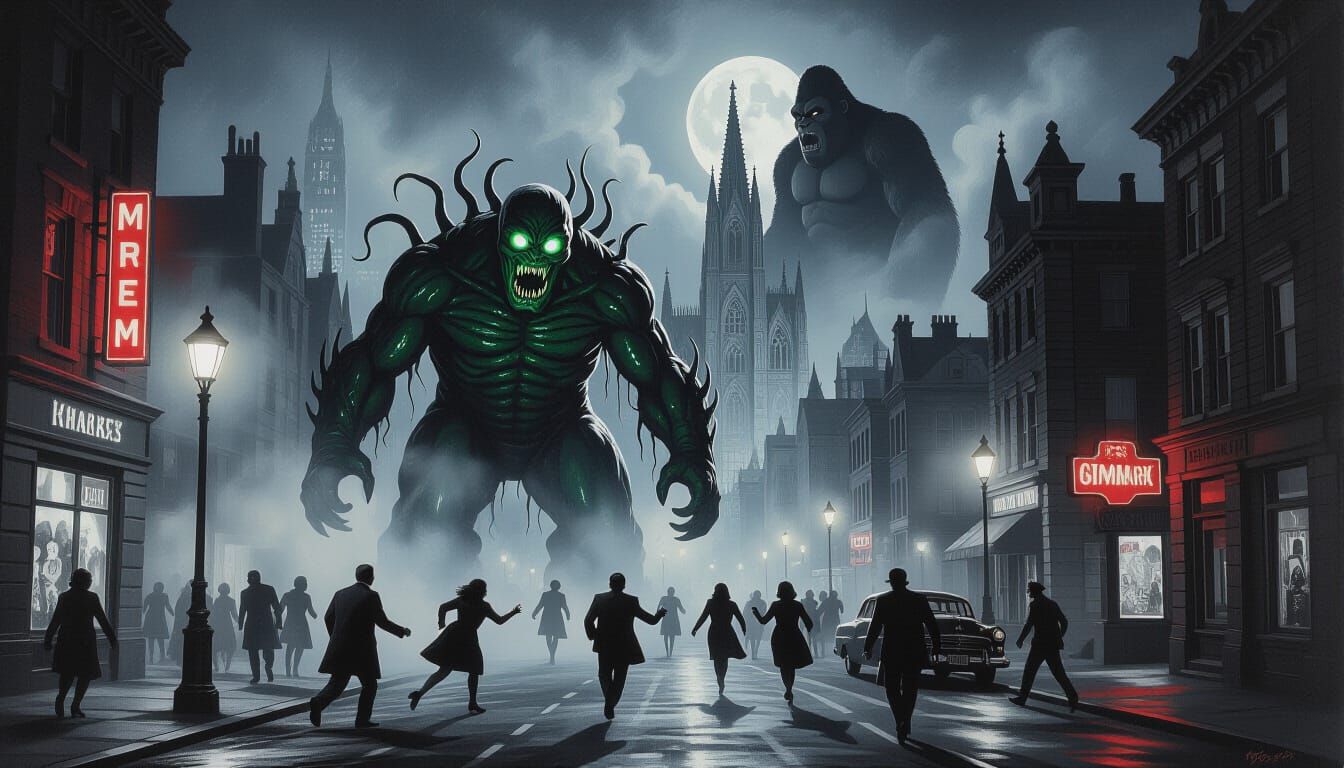 1950s Horror Scene Oil Painting: Monster Attacks City