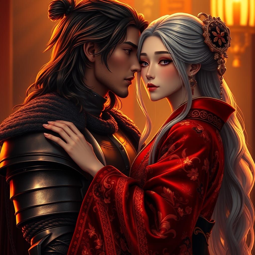 Knight and Maiden Embrace in Opulent Setting